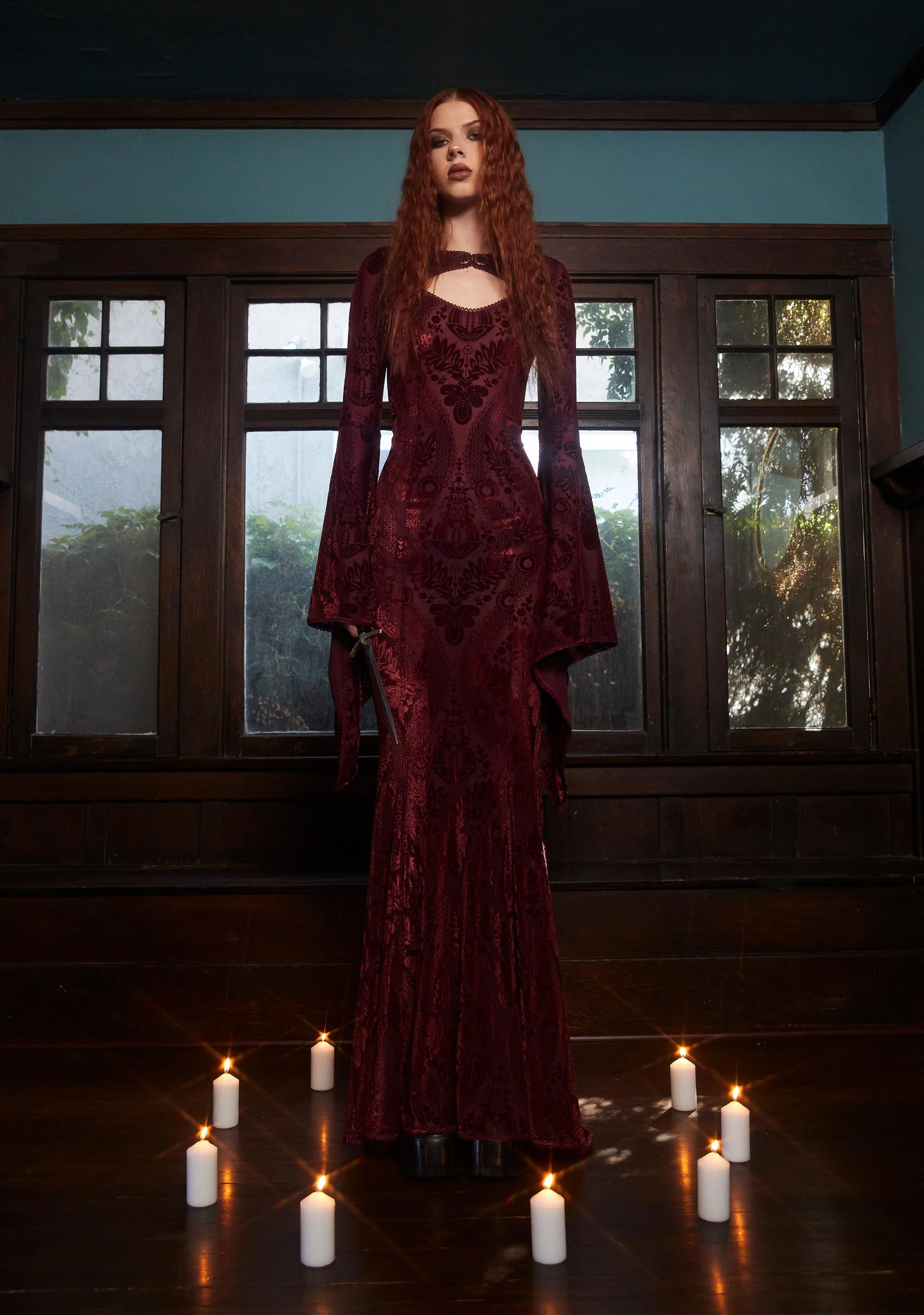 Druid’s Wife Maxi Dress And Shrug Set - Dark Red - Image 8