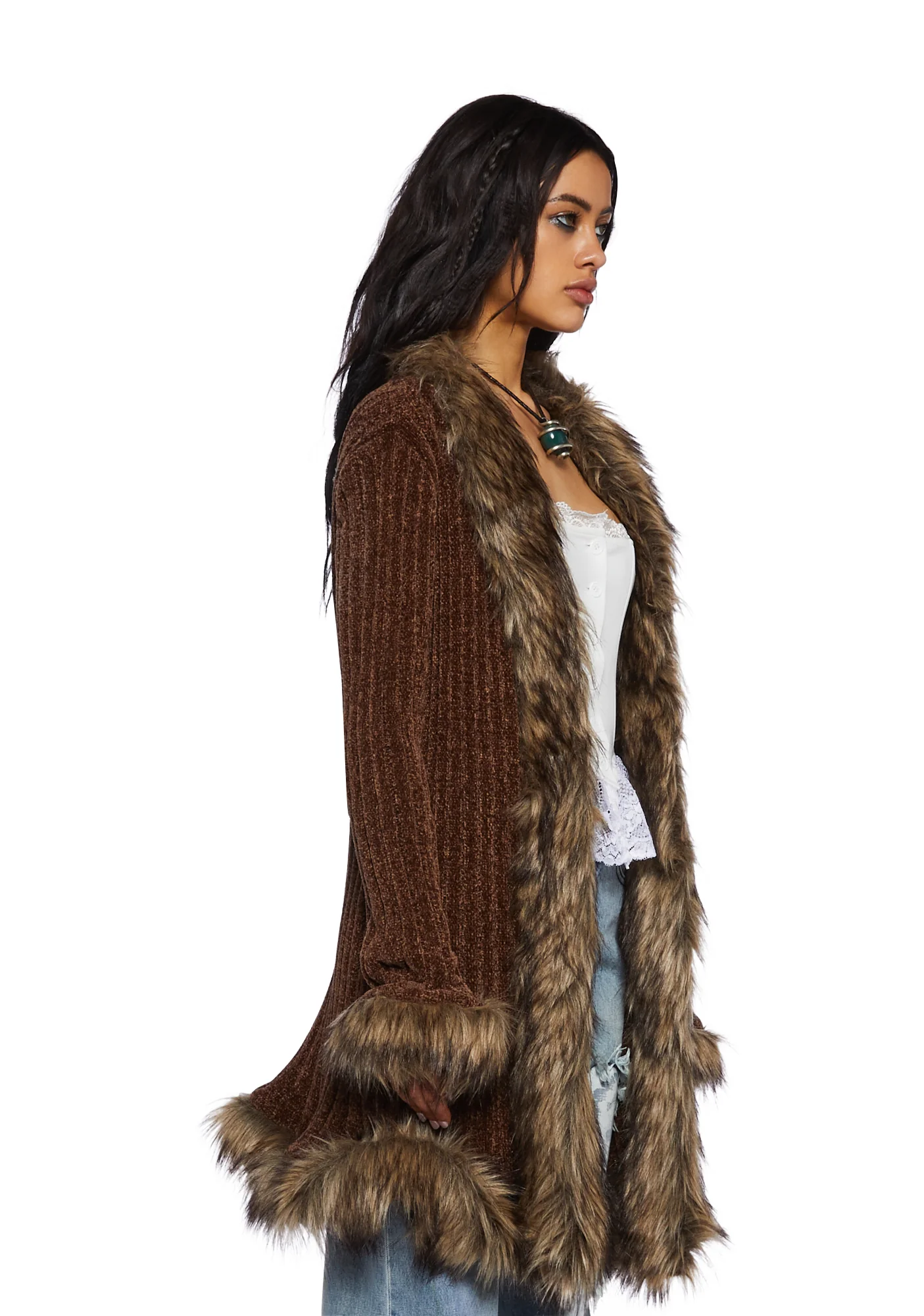 Furry Foe Long Cardigan-Brown - Image 3