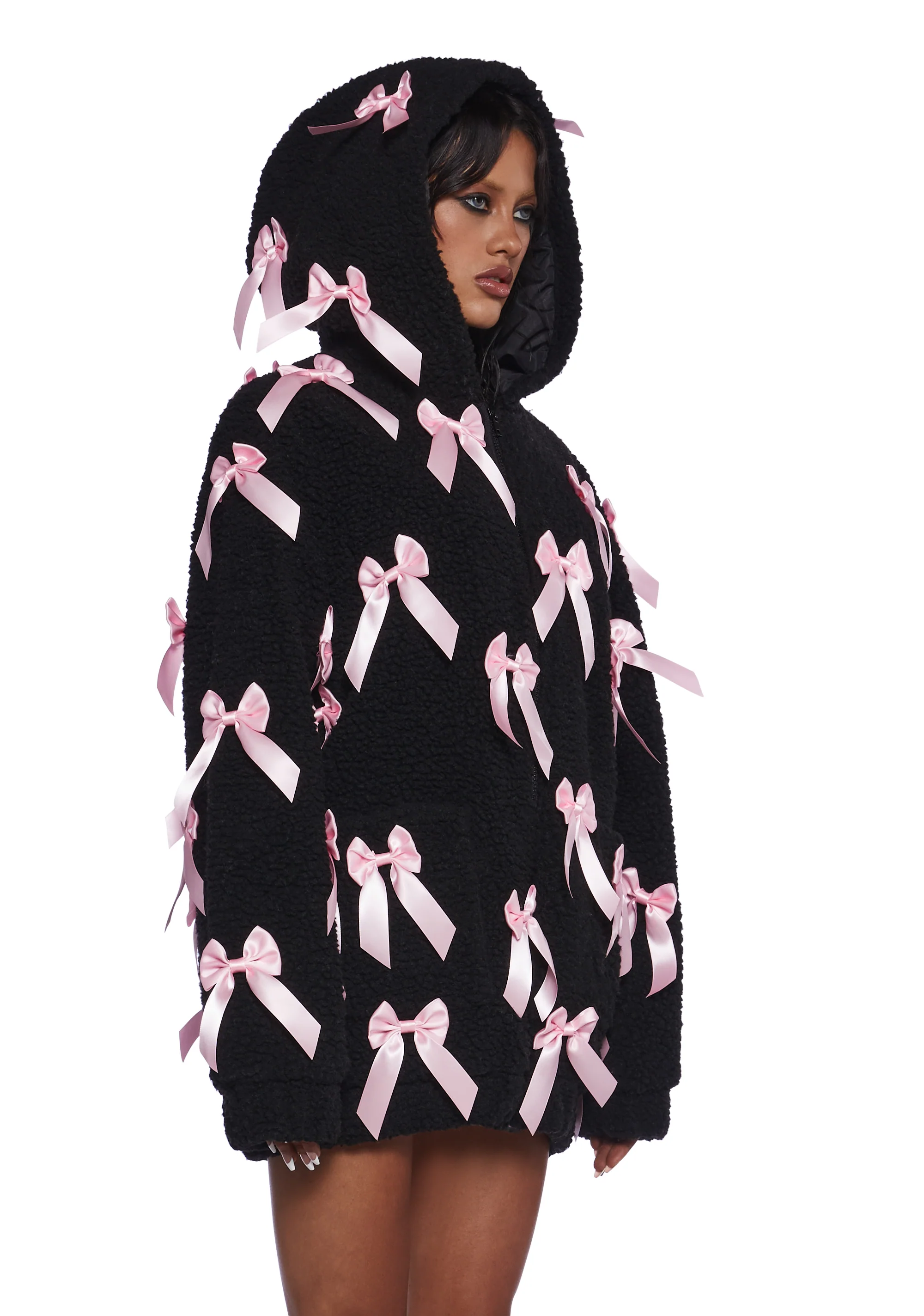 Pinky Promise Hooded Sherpa Jacket - Black - Image 3