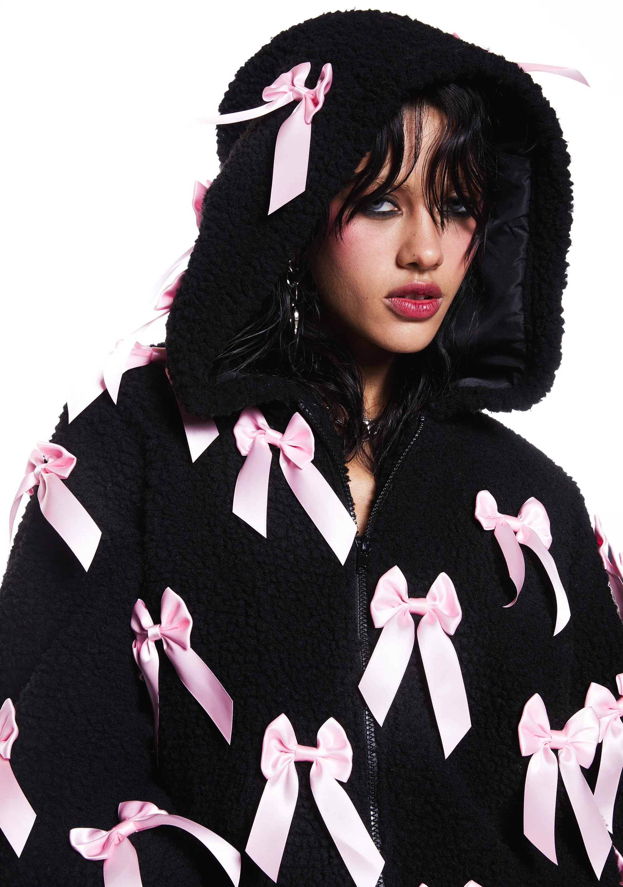 Pinky Promise Hooded Sherpa Jacket - Black - Image 8