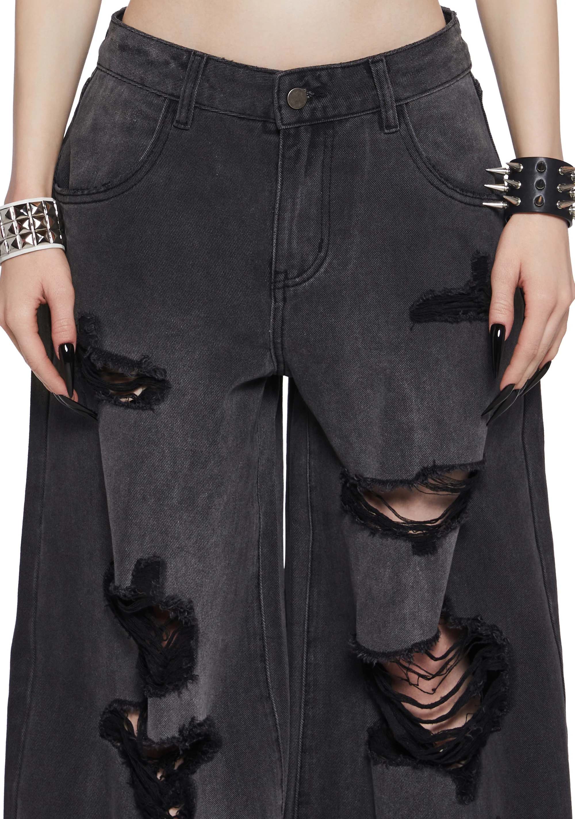 Sinful Attitude Wide Leg Jeans - Distressed Grey - Image 5